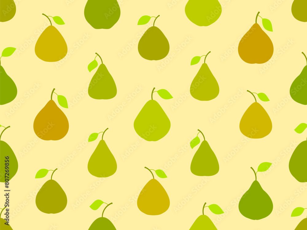Green pears seamless pattern. Ripe pears with one leaf. Fruit background with pears for wallpaper, wrapping paper, banners and posters. Vector illustration Green pears seamless pattern. Ripe pears with one leaf. Fruit background with pears for wallpaper, wrapping paper, banners and posters. Vector illustration