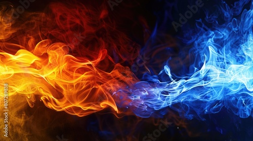 Dramatic abstract image depicting the dynamic interaction between fiery orange and icy blue smoke, symbolizing contrast and duality.