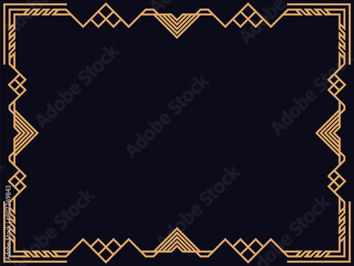 Art deco frame. Vintage linear border. Design a template for invitations, leaflets and greeting cards. Geometric golden frame. The style of the 1920s - 1930s. Vector illustration