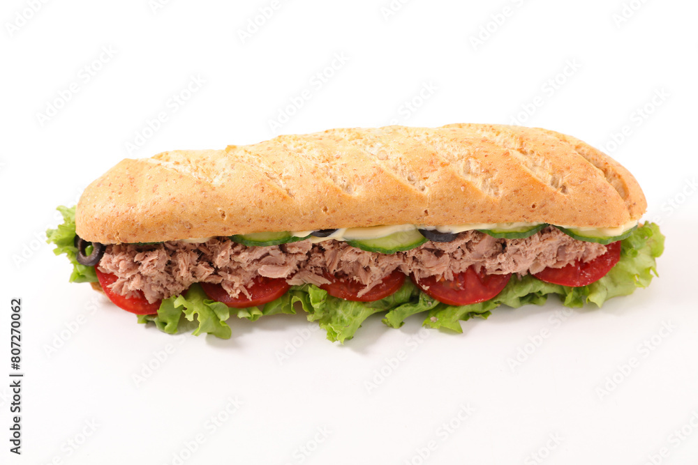sandwich, bread baguette with tuna, lettuce and tomato isolated on white background sandwich, bread baguette with tuna, lettuce and tomato isolated on white background
