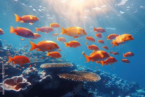 Numerous fish swim above a vibrant coral reef