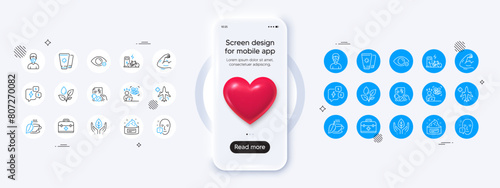 Phone mockup with 3d heart icon. Fair trade, Medical mask and Skin cream line icons. Pack of Plants watering, Difficult stress, Prescription drugs icon. Vector photo