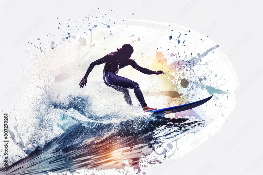 Surfer riding a wave against a transparent white canvas Surfer riding a wave against a transparent white canvas