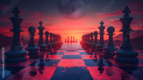 International Chess Day Background or Poster World Chess,
A large modern futuristic looking chess board with a chess piece about to topple over
 photo
