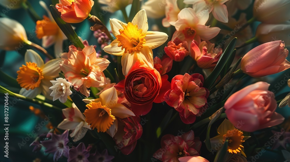a vibrant bouquet of sun-kissed daffodils, tulips, and roses, exuding a captivating blend of warm hues and delicate petals. a vibrant bouquet of sun-kissed daffodils, tulips, and roses, exuding a captivating blend of warm hues and delicate petals.