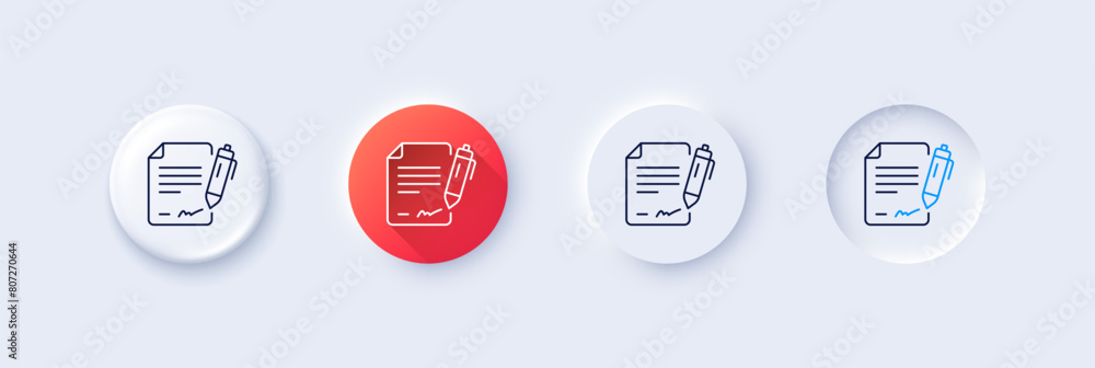 Signing document line icon. Neumorphic, Red gradient, 3d pin buttons. Contract signature sign. Agreement file symbol. Line icons. Neumorphic buttons with outline signs. Vector