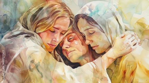 Tender watercolor Jesus comforting Martha and Mary photo