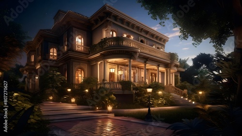 Illuminated house at night in the tropics. 3d rendering