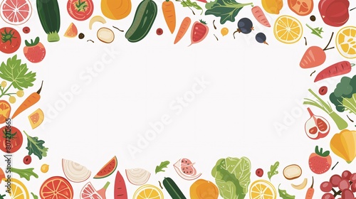 colorful fresh fruits and vegetables frame border on white background
