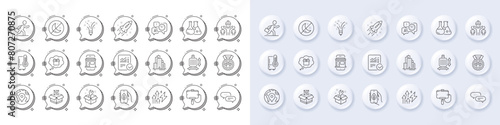 Ecology app, Engineering team and Pin line icons. White pin 3d buttons, chat bubbles icons. Pack of Skyscraper buildings, Refrigerator, Dog competition icon. Vector