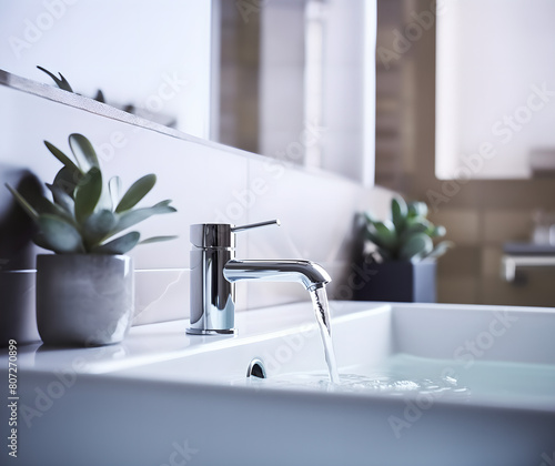 close up view of an open faucet from which water flows into the sink  kitchen interior   modern bathroom interior   blur background   home   plant   house