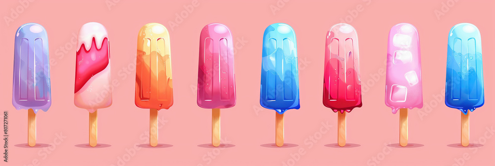 Multicolored fresh fruits, strawberries, purple blueberries, raspberries, yellow lemon and red berry ice cream on stick on blue background Multicolored fresh fruits, strawberries, purple blueberries, raspberries, yellow lemon and red berry ice cream on stick on blue background