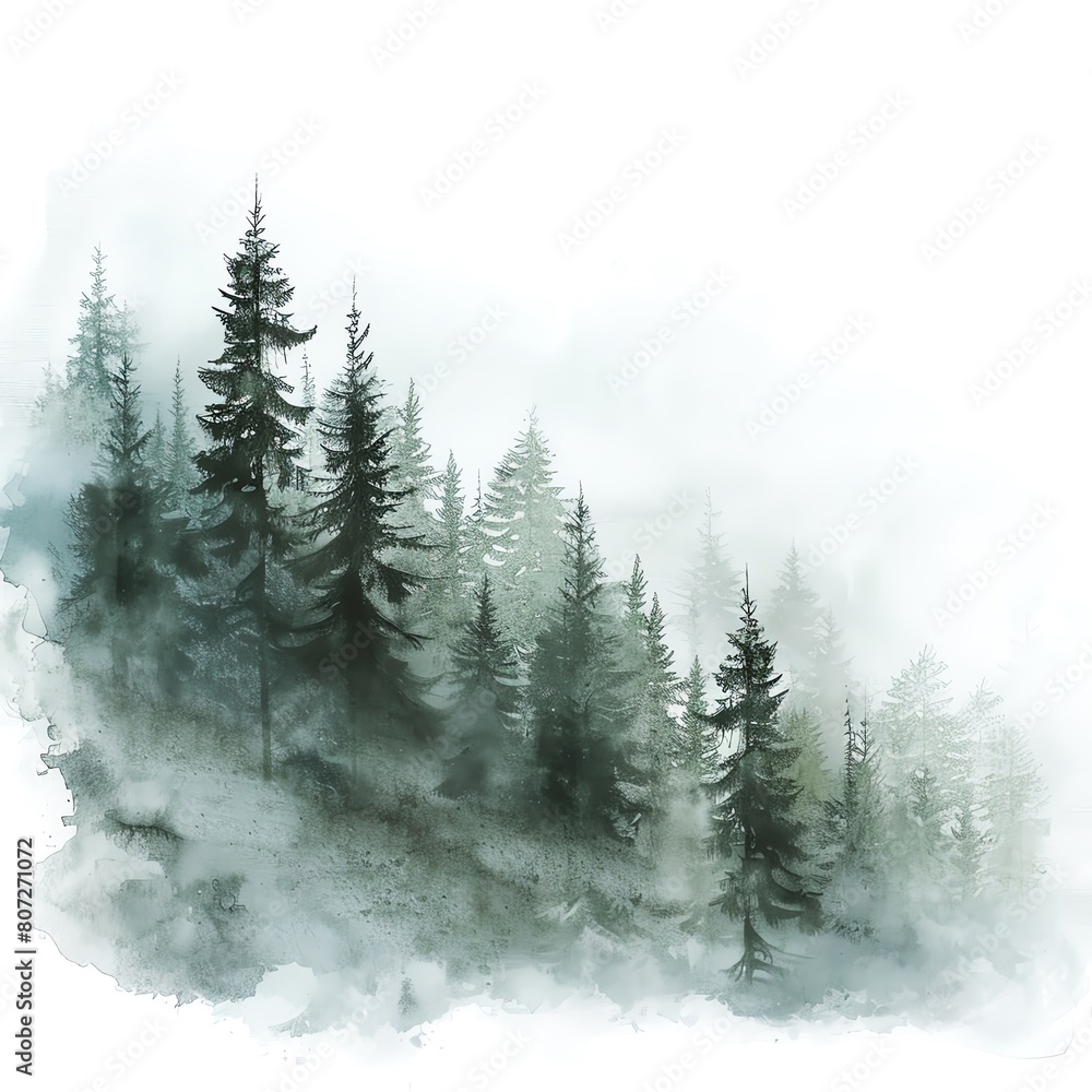 Misty forest scene depicted in soft watercolors, with trees fading into the distance, water color ,clip art