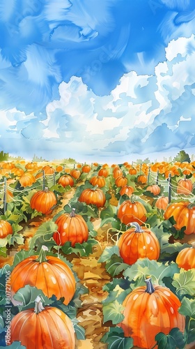 Autumnal pumpkin patch painted with vibrant colors, with rows of pumpkins ready for harvest under a blue sky, water color ,clip art