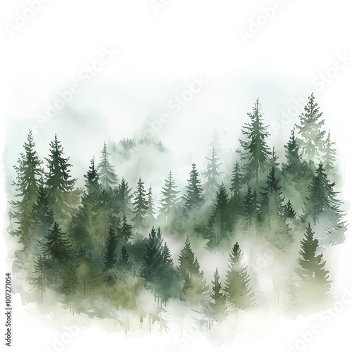 Misty forest scene depicted in soft watercolors, with trees fading into the distance ,water color , clip art