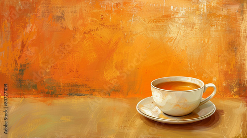 A Ceramic Cup of Tea Against an Abstract Orange Textured Background
