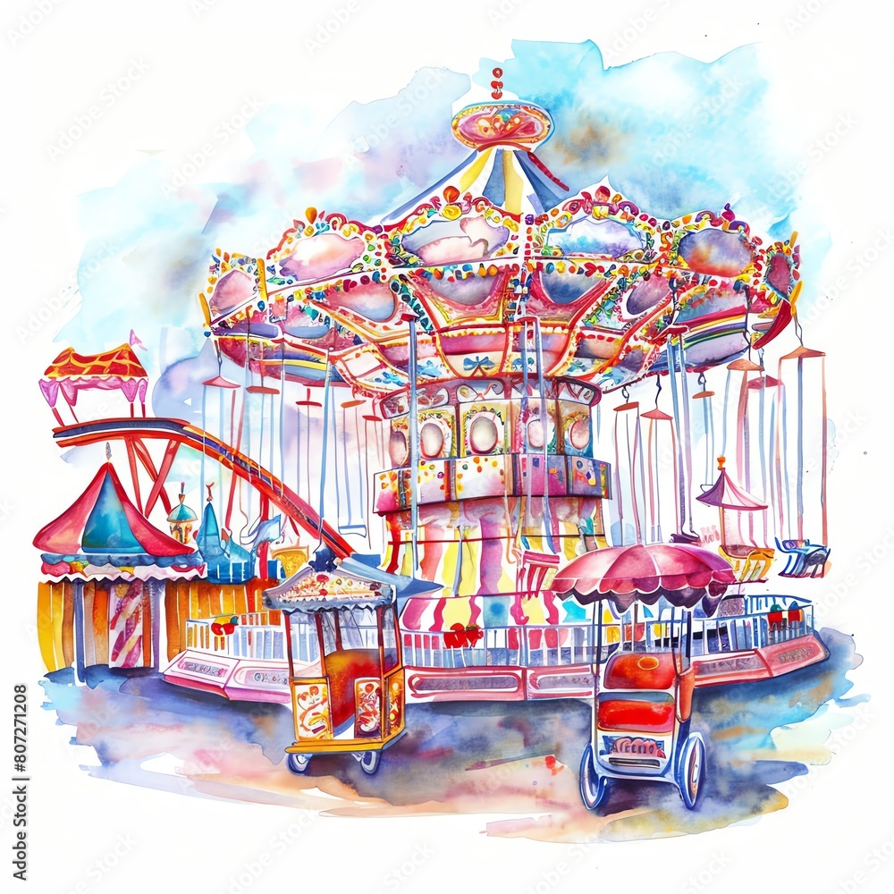 Summer carnival with rides, games, and cotton candy, painted in lively watercolors, water color , clip art 