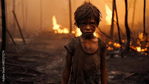 A young boy stands in a forest with fire behind him