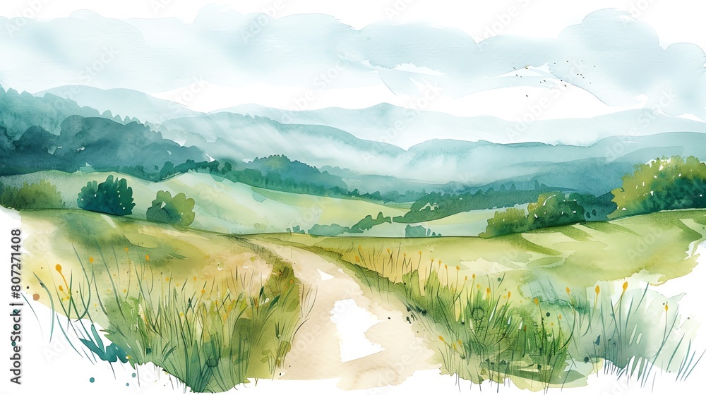 Watercolor countryside with rolling fields and a winding country road ...