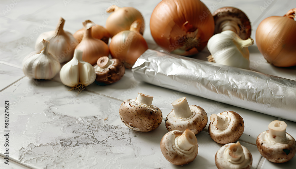 Composition with raw mushrooms, onion, garlic and aluminium foil roll on light tile background Composition with raw mushrooms, onion, garlic and aluminium foil roll on light tile background