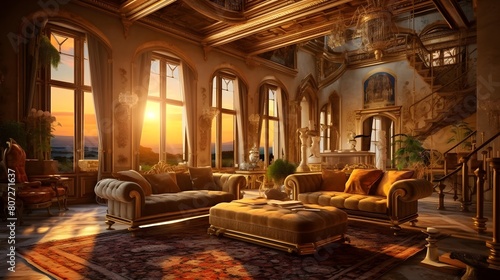 Interior of a luxury house at sunset. 3D rendering.
