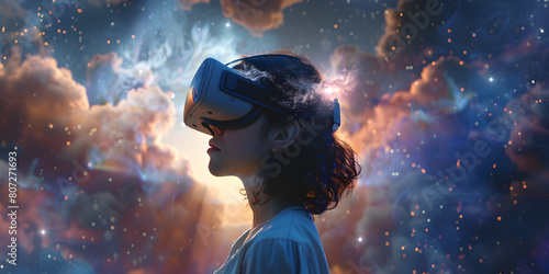 Woman wearing virtual reality goggles against the background of the planet Earth. © kalsoom