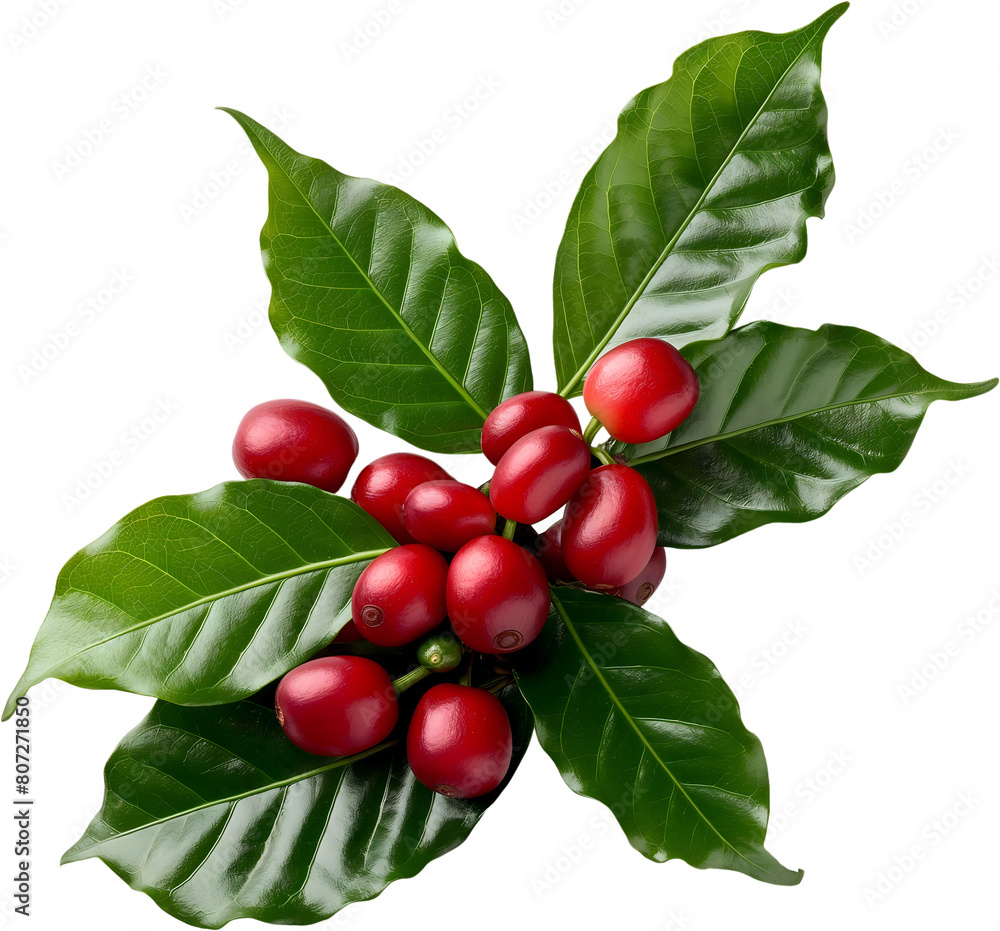 Red coffee cherries on a branch with leaves isolated Red coffee cherries on a branch with leaves isolated