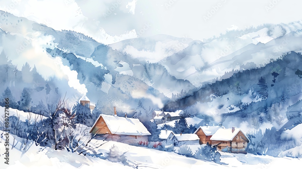 Watercolor painting of a snowy village nestled in the mountains, with ...