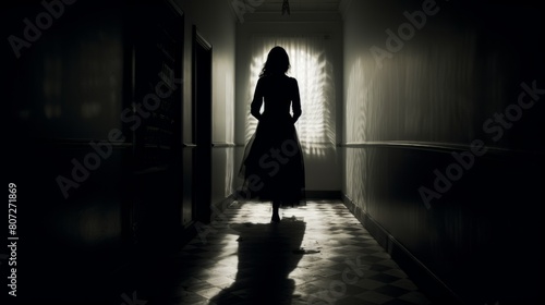 A shadowy silhouette lurking in a haunted hallway
