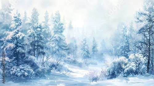 Wintery forest landscape painted with soft pastel colors, featuring snow covered trees and a peaceful atmosphere ,  water color ,clip art