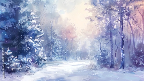 Wintery forest landscape painted with soft pastel colors, featuring snow covered trees and a peaceful atmosphere , water color ,clip art
