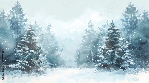 Wintery forest landscape painted with soft pastel colors, featuring snowcovered trees and a peaceful atmosphere