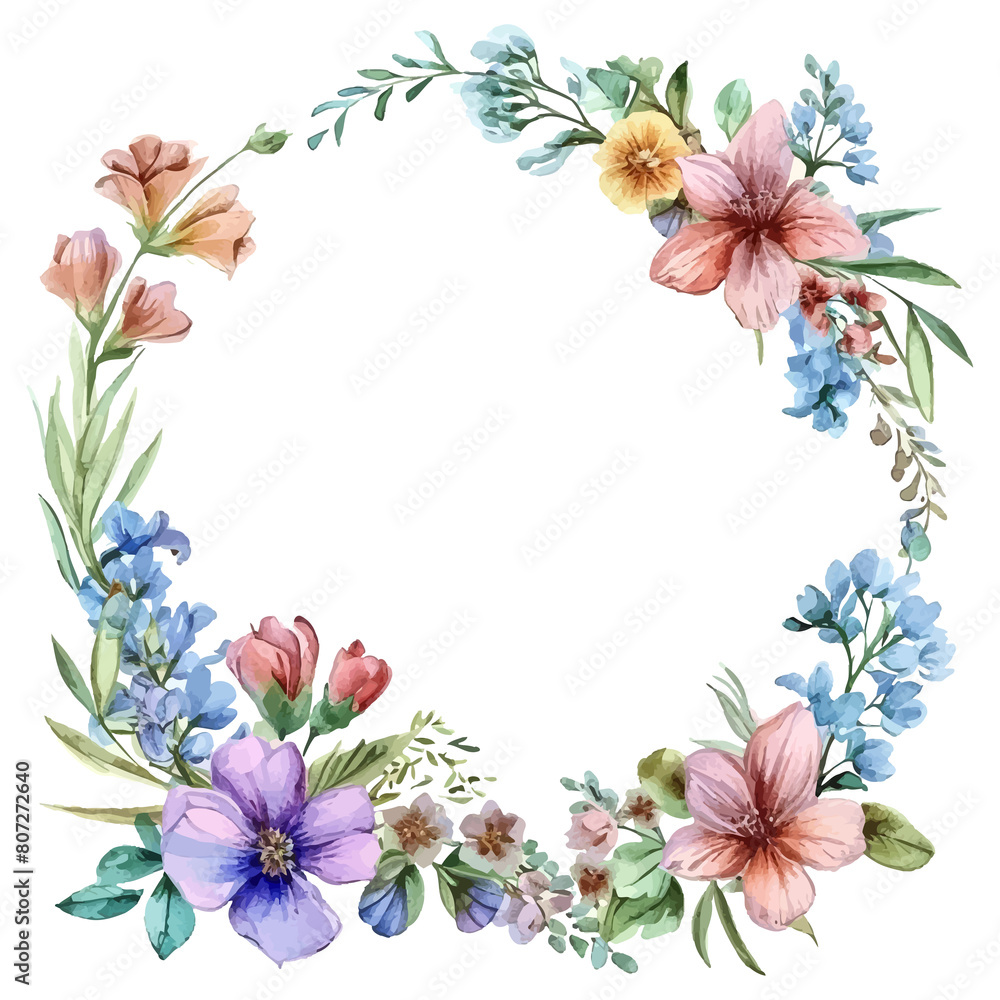Watercolor natural spring wreath on white background