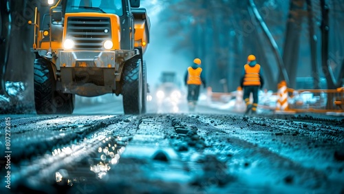 Civil engineers oversee road construction sites for quality and safety compliance. Concept Civil engineering, road construction, quality control, safety compliance, site oversight