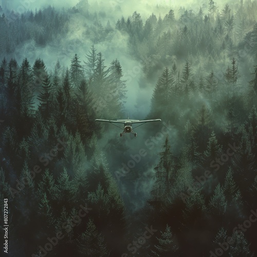 3d rendering of a drone flying in the foggy forest.