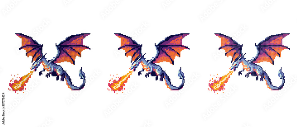 Pixel dragon breathing fire with blue body and wings