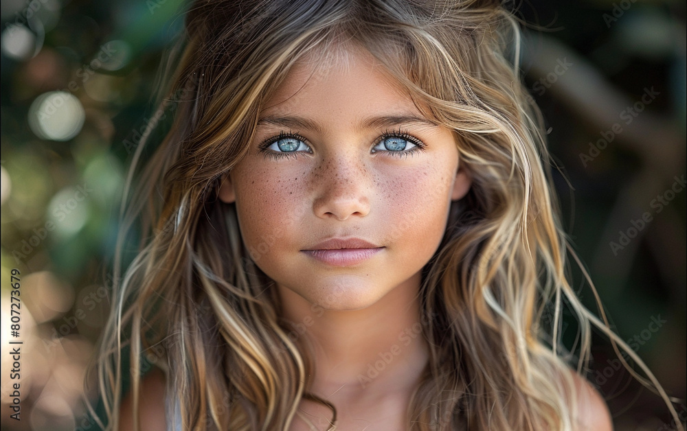 Fototapeta premium A young girl with long blonde hair and blue eyes. She has a slight freckle on her nose