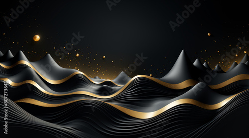 Abstract background of golden mountain liquid metal with waves and stars, dark silver, and navy blue colors
