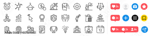 Hold heart, Annual calendar and Hdd line icons pack. Social media icons. Telemedicine, Star target, Selfie stick web icon. Winner, Business way, Work home pictogram. Vector