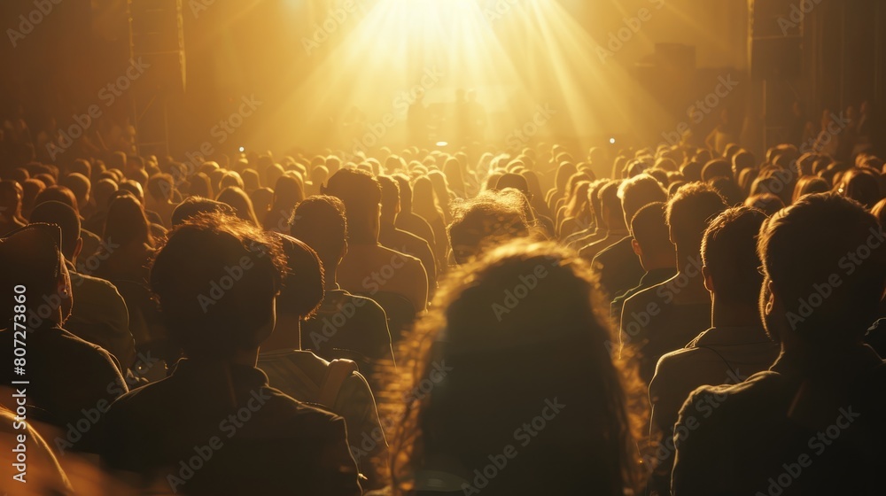 Obraz premium A large crowd of people are sitting in a theater, watching a performance. The audience is filled with people of all ages, and the atmosphere is lively and energetic