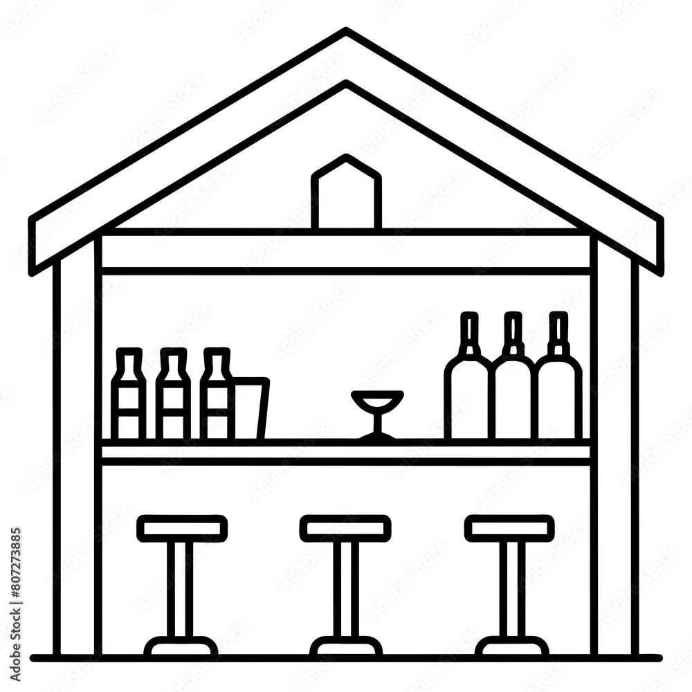 Black and White Illustration of Bar with Bottles and Stools, Vector, Illustrations Black and White Illustration of Bar with Bottles and Stools, Vector, Illustrations