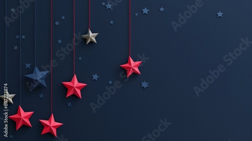  Minimalistic red stars hanging on navy background; 4th July promos, trendy in design and color.