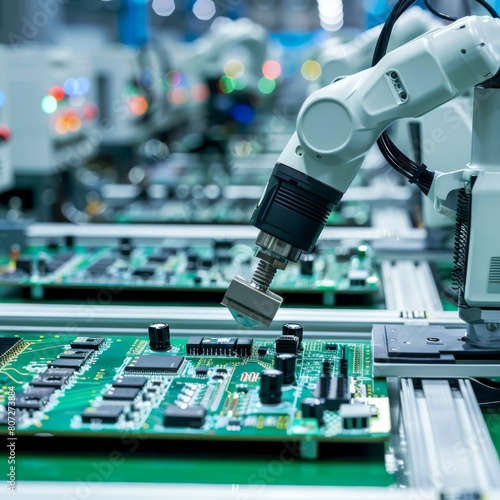 Robotic Arm Assembling Electronic Circuit Boards in High-Tech Factory