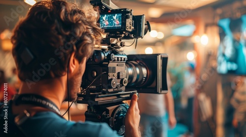 A man is filming a scene with a camera. Scene is professional and focused