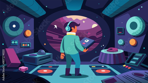 In a scifi series the protagonist explores an abandoned spaceship and discovers a room filled with ancient vinyl records fueling their curiosity about Vector illustration