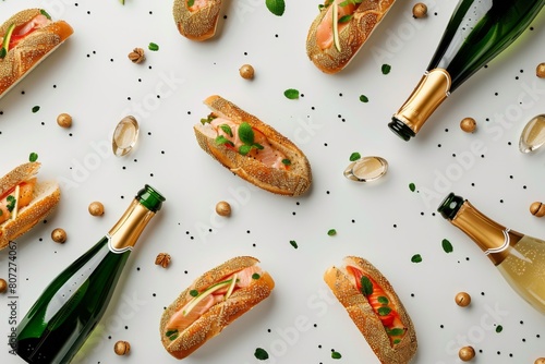 Festive Champagne and Gourmet Sandwiches Flat Lay for Elegant Celebration