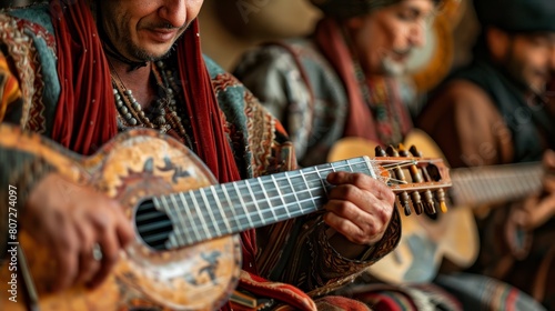 A man is playing a guitar in front of two other men. The man playing the guitar is smiling and he is enjoying himself. The other two men are sitting nearby, watching the performance