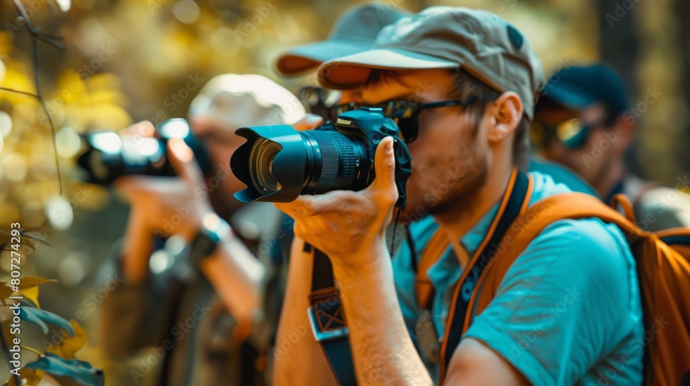 A man is taking a picture with a Nikon camera. He is wearing a hat and sunglasses. There are other people in the background A man is taking a picture with a Nikon camera. He is wearing a hat and sunglasses. There are other people in the background