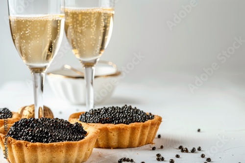 Elegant Celebration Champagne Glasses and Black Caviar Tartlets on a Festive Table
