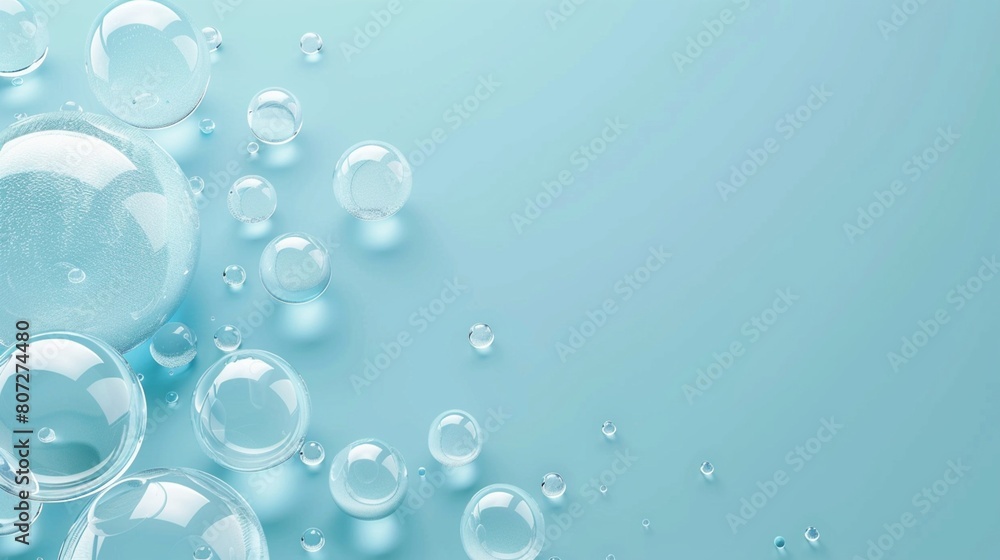 Water bubbles on blue background, clear and bright, modern minimalist design. Copy space
